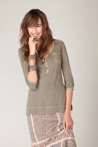 Long Sleeve Henley Pocket Puff Sleeve Top