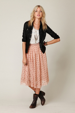 FP New Romantics Mesh Embroidered Tea Length Skirt