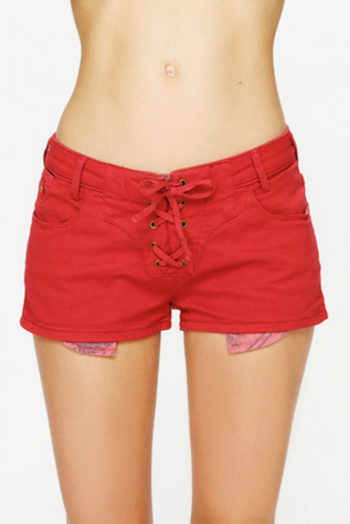Red Lace Up Denim Shorts