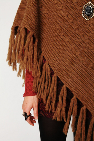 Cable Fringe T Neck Poncho