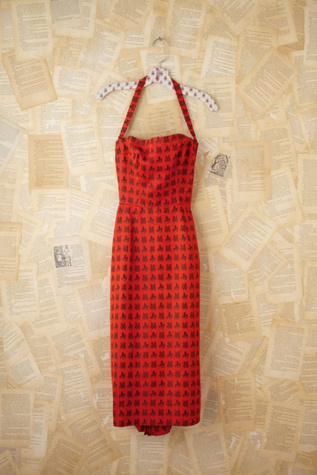 Vintage Red Halter Dress with Chinese Calligraphy 