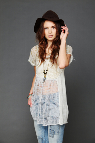 Free People Pieced Floral Print Tunic in sheer-blouses