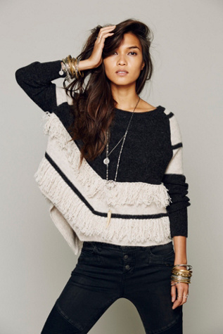 Free People Colorblock Fringe Pullover
